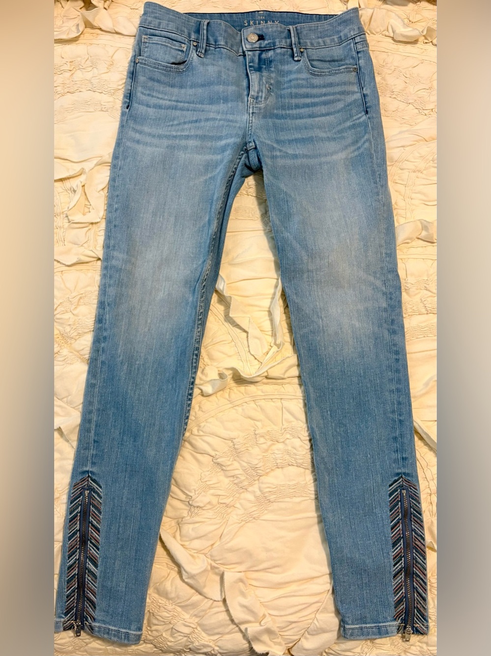 White House Black Market Light Blue Skinny Jeans with Embroidered Ankle Chevron